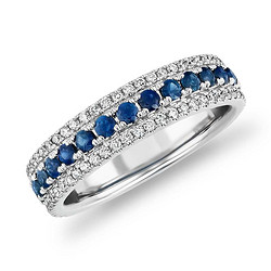 Blue Nile 14k白金 三排式蓝宝石和钻石戒指 1/3克拉总重量