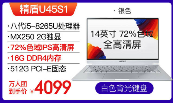 Hasee 神舟 精盾U45S1 14英寸笔记本电脑（i5-8265U、16GB、512GB、MX250、72%）