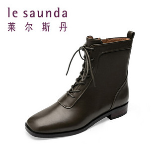 莱尔斯丹 le saunda 时尚休闲方头系带侧拉链粗跟低跟女短靴马丁靴 LS 9T24003 橄榄绿色 39