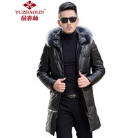 俞兆林(YUZHAOLIN)羽绒服 男士潮流连帽中长款羽绒服皮衣外套2020-1-1719黑色3XL