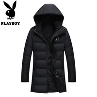 花花公子 PLAYBOY 2019秋冬新款加厚连帽棉衣男士棉袄中长款外套男 68781601 黑色 2XL
