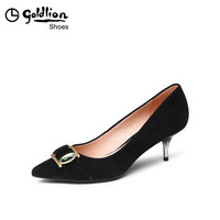 金利来（goldlion）女士浅口单优雅几何扣饰尖头细高跟鞋69683003401P-黑色-34码