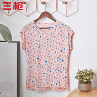 三枪 T恤女纯棉2019春夏新品舒肤棉印花圆领亦袖打底女衫家居服上衣 红叶子 L