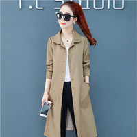 沫欣 2019春夏新品女装风衣女中长款纯色POLO领薄款单排扣修身长袖外套风衣 zx1AF11-123 卡其色 S