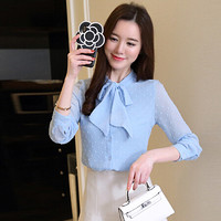 瑜珏（YuJue）职业衬衫女 2019秋季新款系蝴蝶结长袖打底衫浮点雪纺衫修身上衣女 NSYY8151 蓝色 M