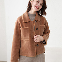 BANDALY 2019秋冬季新品女装毛呢大衣女韩版颗粒方领短款复合皮毛一体皮草外套 GZHB999647 郁金黄 M