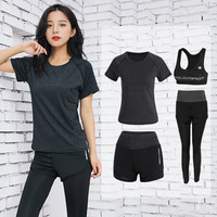 南极人 NanJiren 韩版瑜伽服套装瑜运动套装女晨跑步速干韩国大码高腰长裤 韩版黑色短袖四件套 XL