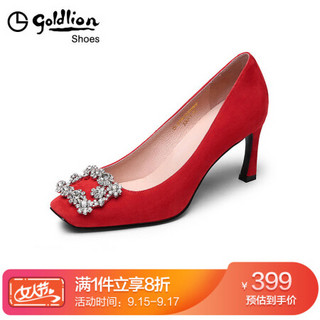 金利来（goldlion）女士方头浅口单钻扣装饰工作细高跟鞋61991010980P-红色-38码