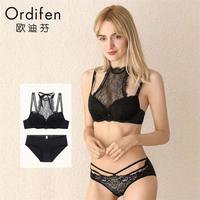 欧迪芬 2019新品女士内衣内裤套装蕾丝性感软钢圈聚拢抹胸式文胸套装 XB9602 黑色 A80/L