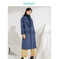 茵曼(INMAN)冬装新款纯色翻领宽松长款双面呢外套大衣女 18842|80143 蓝色 L
