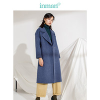 茵曼（INMAN）冬装新款纯色翻领宽松长款双面呢外套大衣女 18842|80143 蓝色 XS