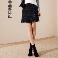 尚都比拉（Sentubila） 2019新款粗花呢时尚流苏裙摆珍珠点缀A字裙半身裙女 184Q1422462 黑色 XL