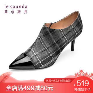 莱尔斯丹 le saunda 时尚休闲尖头拉链拼色格子纹高跟女脚踝短靴 LS 9T67001 灰白色织物/黑色牛皮革 37