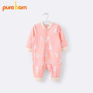 pureborn婴儿衣服连体衣女婴幼儿衣服男宝宝爬服长袖棉哈衣连身衣 粉色小白兔満印 3-6个月