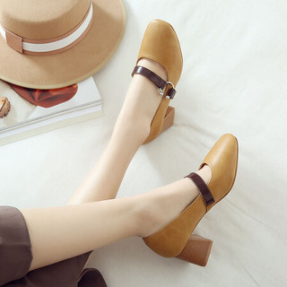 ZHR单鞋女粗高跟一字带搭扣方头韩版复古时尚气质舒适 棕色 38