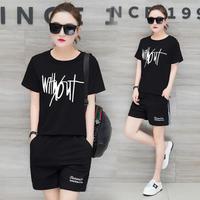 AUDDE 翱笛 T恤女休闲运动服套装女学生韩版宽松短袖短裤两件套潮 zx1BF20-275 黑色 XL