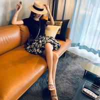AUDDE 翱笛 夏季新款女装新品格子半身裙女韩版圆领百搭修身短款露腰显瘦短袖t恤套装 zx6529-3100 黑色 L