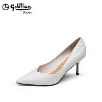 金利来（goldlion）女士尖头浅口单性感蛇皮工作细高跟鞋62693001221P-米白-34码