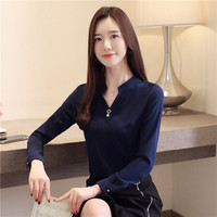 曼如芬 v领衬衫女 2019秋装新品 韩版职业装工作服气质正装工装长袖衬衣 HXEM9348 蓝色 M