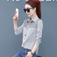 AUDDE 2019秋季新款女装新品长袖衬衫女时尚条纹格子拼接衬衣休闲打底上衣女 GZtr80322 黑色 4XL