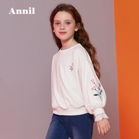 Annil安奈儿童装女童卫衣灯笼袖2019秋季新款学生甜美洋气刺绣印花图案T恤长袖米白
