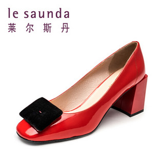 莱尔斯丹 le saunda 时尚优雅通勤圆头拼色搭扣高跟女单鞋 LS 9T71903 红色 36