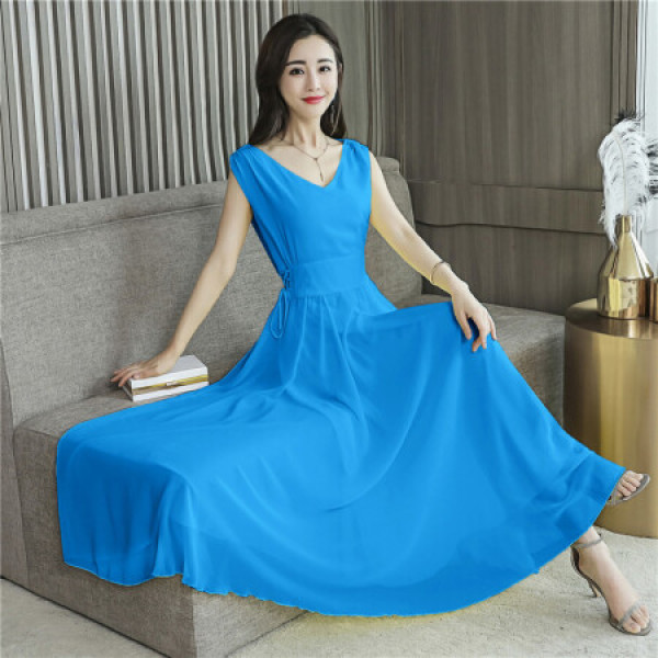 2019夏季新款韩版长款沙滩裙气质修身拖地长裙女 alef899 天蓝色 m