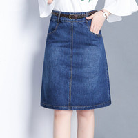一塘晨夏装2019款女气质简约高腰修身显瘦牛仔半身裙 S91R0603BA507L 牛仔蓝L