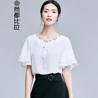 尚都比拉系带雪纺衬衣女2019女装新品圆领纯色上衣荷叶袖简约衬衫182V0120734 白色 S