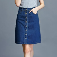 一塘晨2019秋季新款女装单排扣韩版高腰显瘦气质牛仔A字半身裙 S91T0177BA5M 蓝色 M