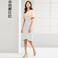 尚都比拉字母T恤波点半身裙两件套女2019女装新品绣花上衣时尚裙子Q92Z0225600 白配绿 S