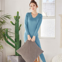 都市丽人保暖内衣女19秋冬无缝立体塑型V领中厚款长袖长裤保暖套装2W8112 绿蓝 L