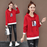 AUDDE 2019秋季新款女装新品卫衣女假两件撞色印花帽衫宽松休闲韩版bf慵懒风上衣 HZ5052-1212 红色 XXL