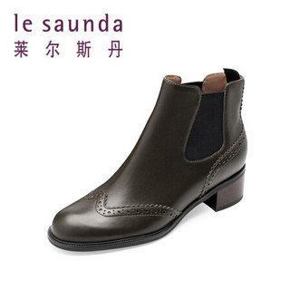 莱尔斯丹 le saunda 商场同款优雅圆头套脚布洛克粗跟切尔西短靴 LS 9T61254 绿色 37