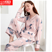 红豆居家2019春秋新品女士睡衣V领纯棉日系和风长袖休闲家居服套装144 豆沙 160/84A