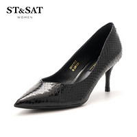 星期六女鞋（ST&SAT）蛇皮革时尚简单优雅高跟浅口单鞋SS91111238 黑色 37