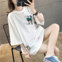 沫欣 2019夏季新品女装T恤女休闲百搭卡通印花可爱显瘦中长款短袖T恤衫 zx3E416-9674 白色 M