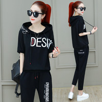 AUDDE 2019夏季新款女装新品卫衣女大码宽松运动套装女韩版潮流休闲服两件套 HZCZ268-19157 黑色 M