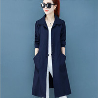 沫欣 2019春夏新品女装风衣女中长款纯色POLO领薄款单排扣修身长袖外套风衣 zx1AF11-123 藏蓝色 L