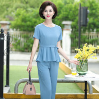 维迩旎 2019夏季新款女装新品中老年妈妈时尚套装短袖夏季T恤裤子两件套 MMJR2464F919 蓝色 XXXL