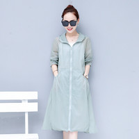 沫欣 2019夏季新品女装风衣女韩版连帽中长款宽松大码透气防晒服薄款外套 zx1AF11-777 豆绿 S
