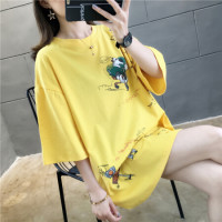 沫欣 2019夏季新品女装T恤女休闲百搭卡通印花可爱显瘦中长款短袖T恤衫 zx3E416-9674 黄色 XL