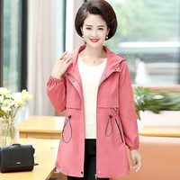 沫欣 2019秋季新品中老年妈妈装风衣女洋气连帽夹克衫薄款纯色宽松休闲长袖风衣外套 JXALYY015 皮粉色 5XL