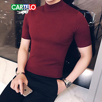 卡帝乐鳄鱼（CARTELO）短袖针织衫男半高领纯色休闲毛衣2019年秋季新款轻薄保暖打底衫修身线衣 枣红 XL