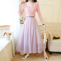 BANDALY 2019秋季新品女装半身裙女娃娃领针织衫网纱半身裙两件套 zx1BF07-1810 粉色上衣+紫色半身裙 L