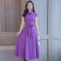 瑜珏（YuJue）短袖棉麻衬衣领长裙女装 2019夏季新款韩版修身显瘦中长款裙 NRHQ1996 紫色 2XL