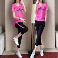 AUDDE 2019夏季新款女装新品T恤女时尚休闲套装女韩版短袖圆领宽松两件套运动服潮 zx1BF15-889 玫红色 L