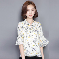 米兰茵（MILANYIN）女装 2019秋季七分袖女时尚气质雪纺衫喇叭袖上衣柔美雪纺衬衫 MLYH687 白色 XXXL