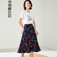 尚都比拉印花T恤印花半身裙两件套女2019女装新品纯棉上衣时尚A字裙192Z0224689 白配花色 M