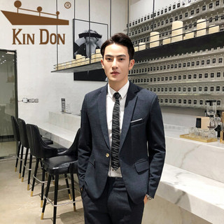 金盾（KIN DON）西服套装 男2019秋季新款斜纹图案平驳领职业正装西服三件套 F717-8001 黑色 2XL